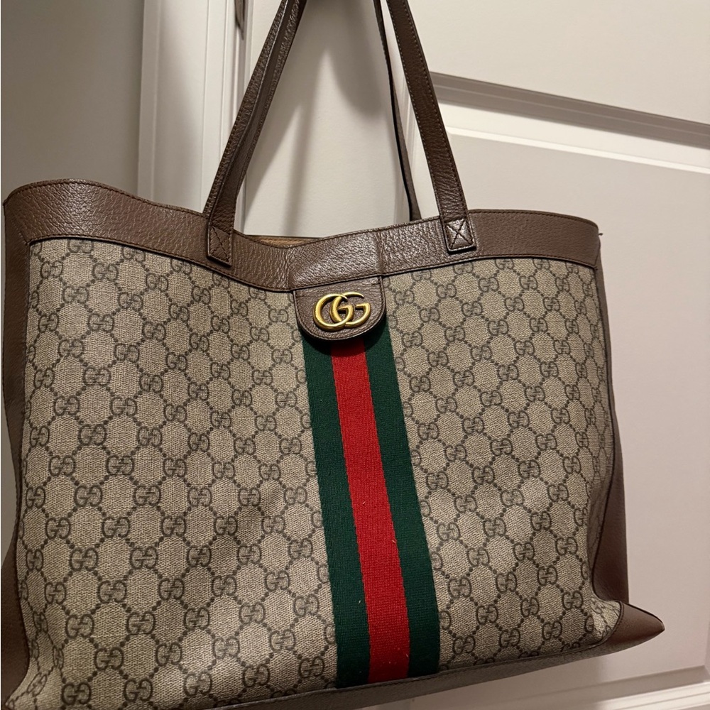 Gucci Beige and Brown Tote with Red and Green Stripe